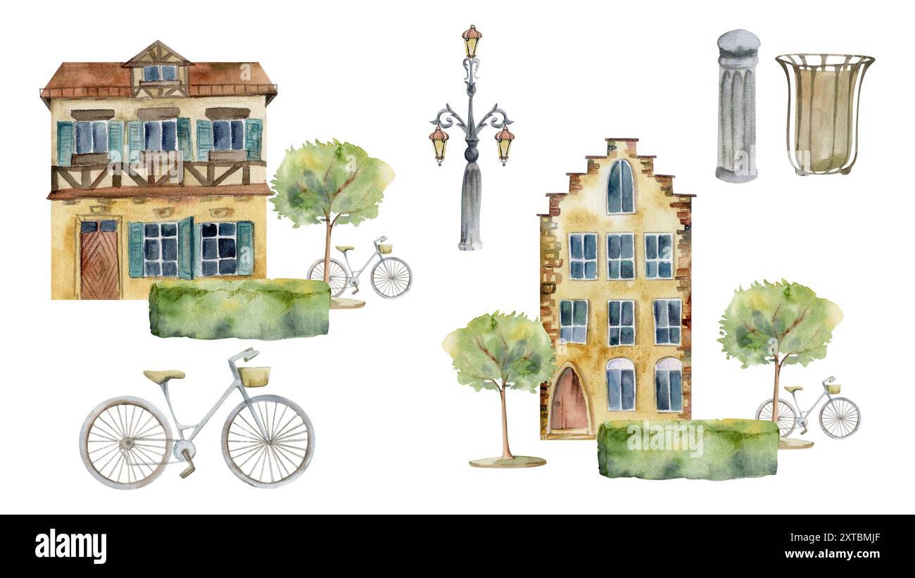 Old European city town village street houses. Historical cityscape building, hedge trees, bicycle, litter bin, streetlamp. Watercolor hand drawn Stock Photo