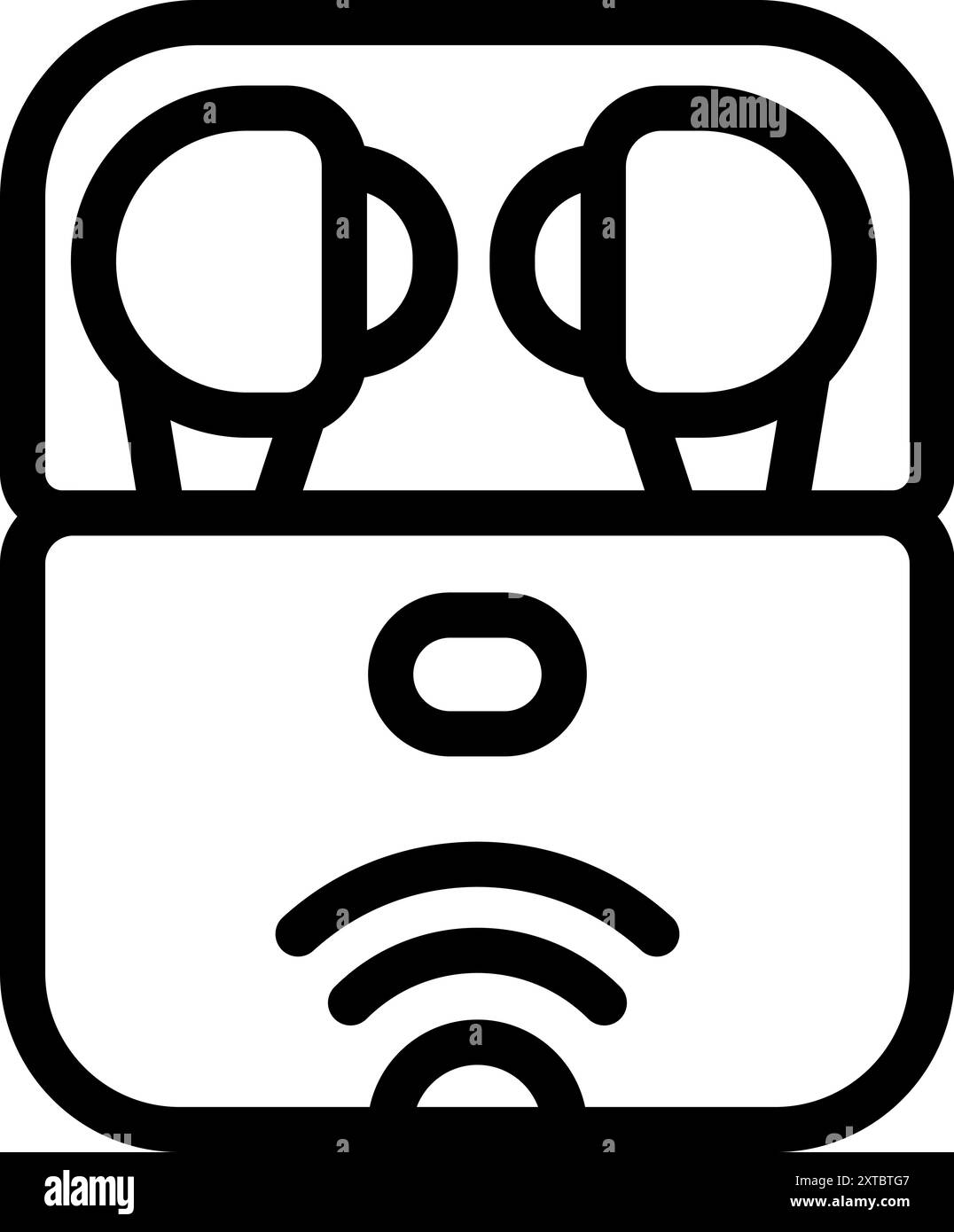 Wireless earbuds charging in their case showing a connection icon Stock Vector