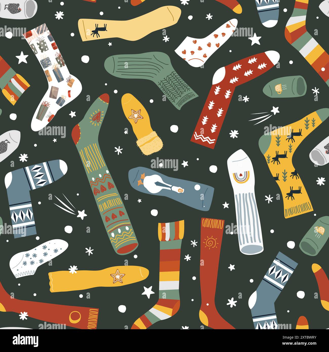 Seamless pattern with snowflakes and different doodle hand drawn socks on dark background. Vector illustration Stock Vector
