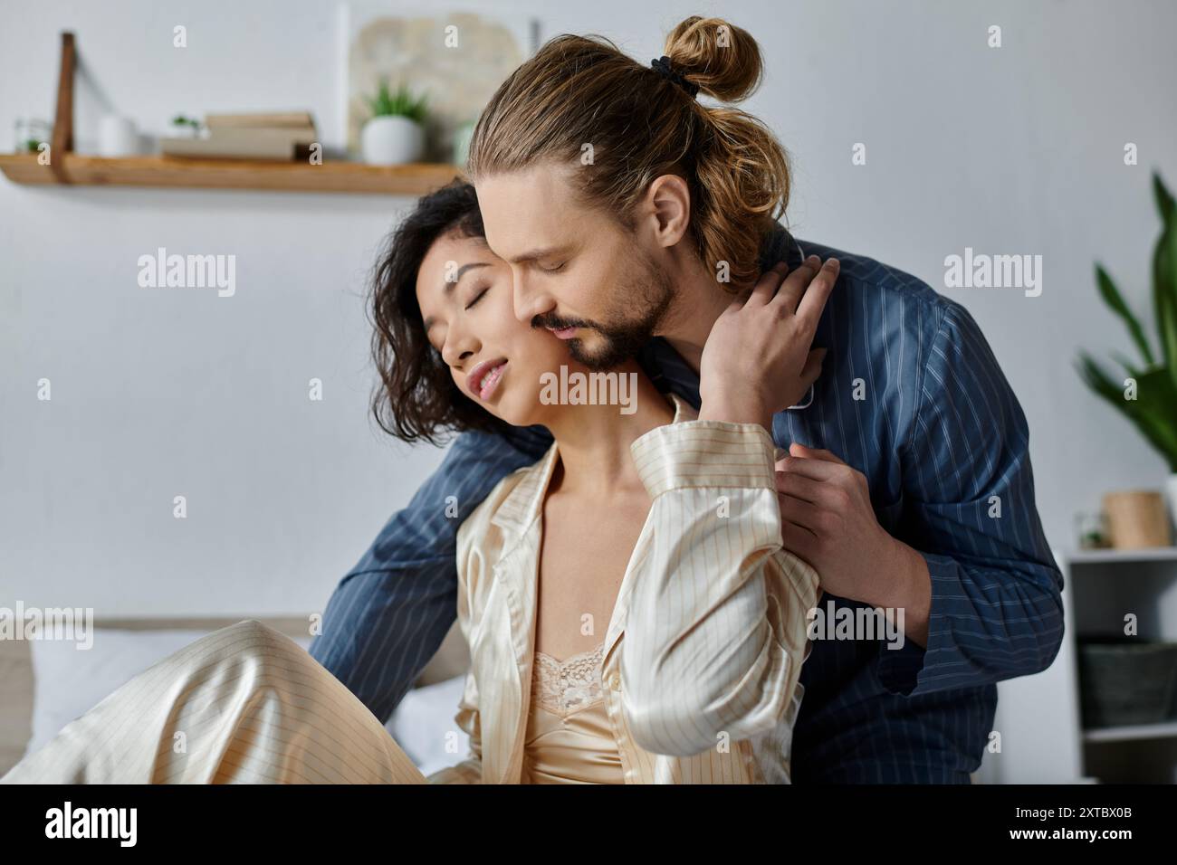 A loving couple shares a tender moment of intimacy, hugging and ...