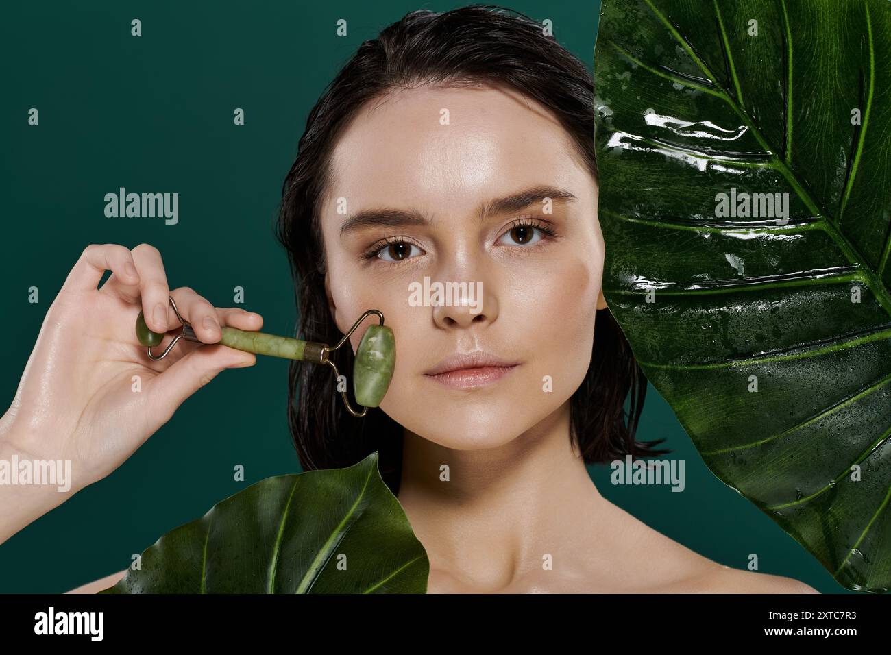 A woman uses a jade roller on her face against a backdrop of vibrant green leaves. Stock Photo