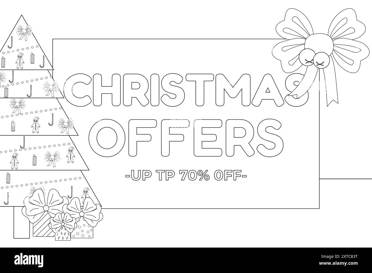 A festive Christmas-themed coloring page featuring a decorated tree, gifts, and sale announcement. Ideal for holiday promotions and kids activities. Stock Vector