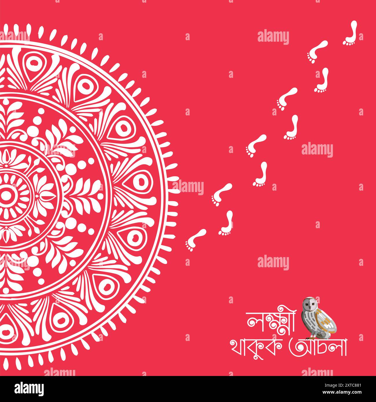 Hindu festival Lakshmi puja poster with footprint, owl Bengali text Stock Vector