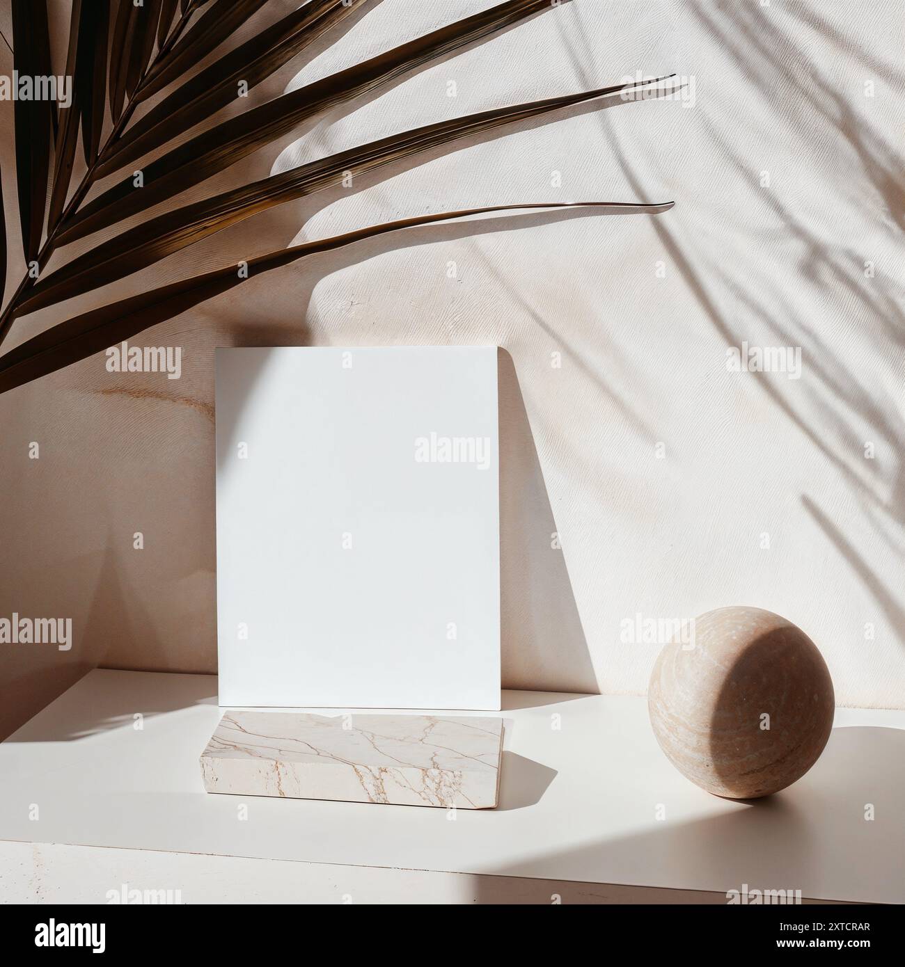 Minimalist composition with dried palm leaf and blank paper mockup, palm, aesthetic beige, wedding invitation Stock Photo