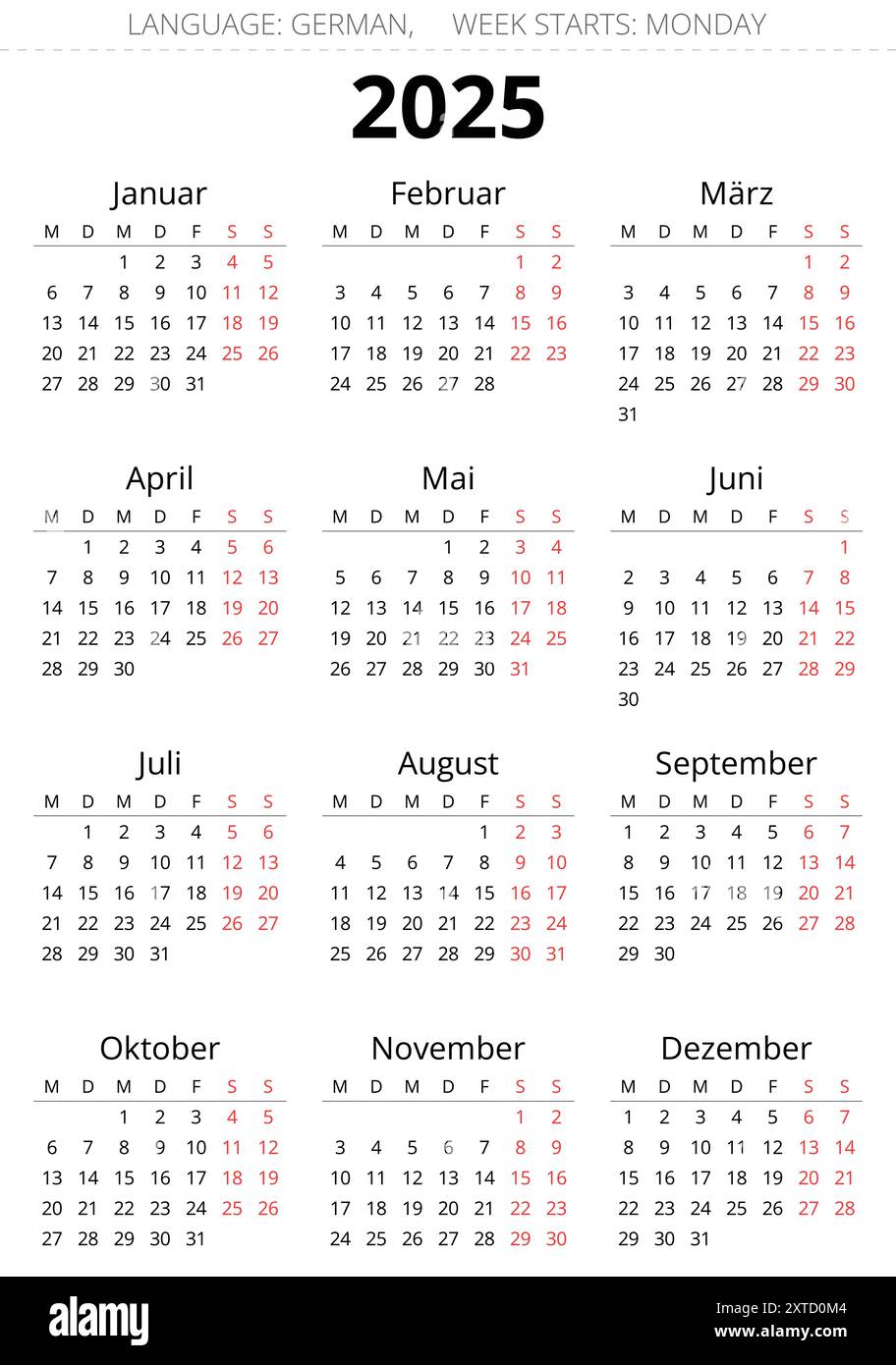 2025 vertical german calendar. Printable vector illustration for
