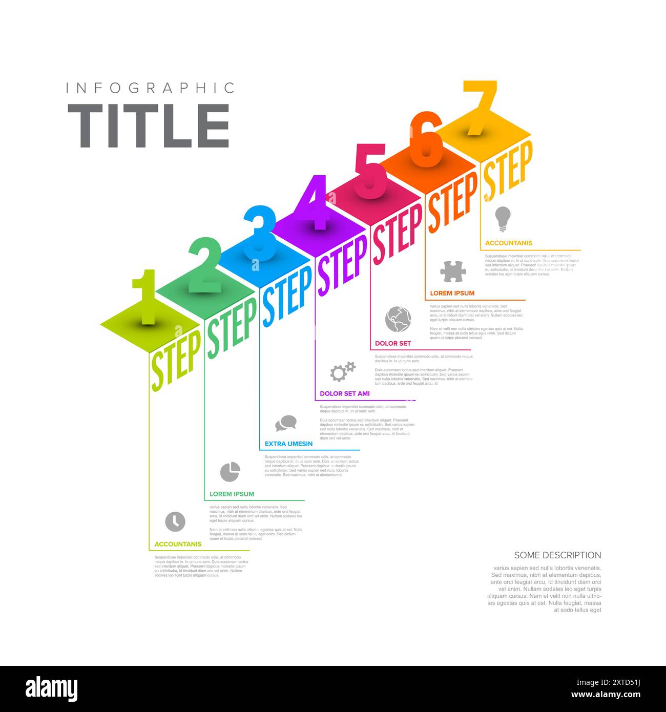 Seven isometry steps with big numbers rescription and icons ...
