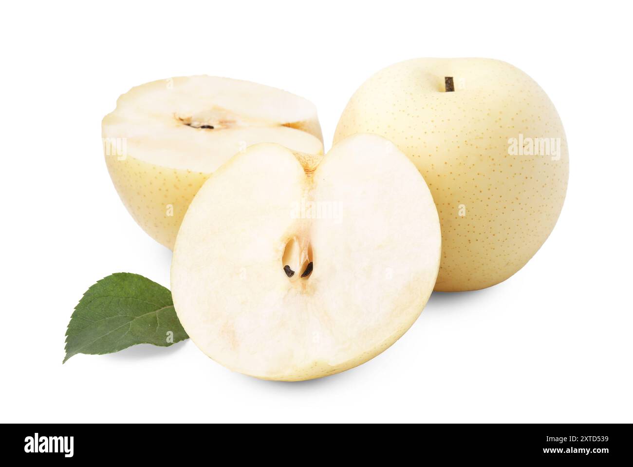 Fresh apple pears and green leaf isolated on white Stock Photo