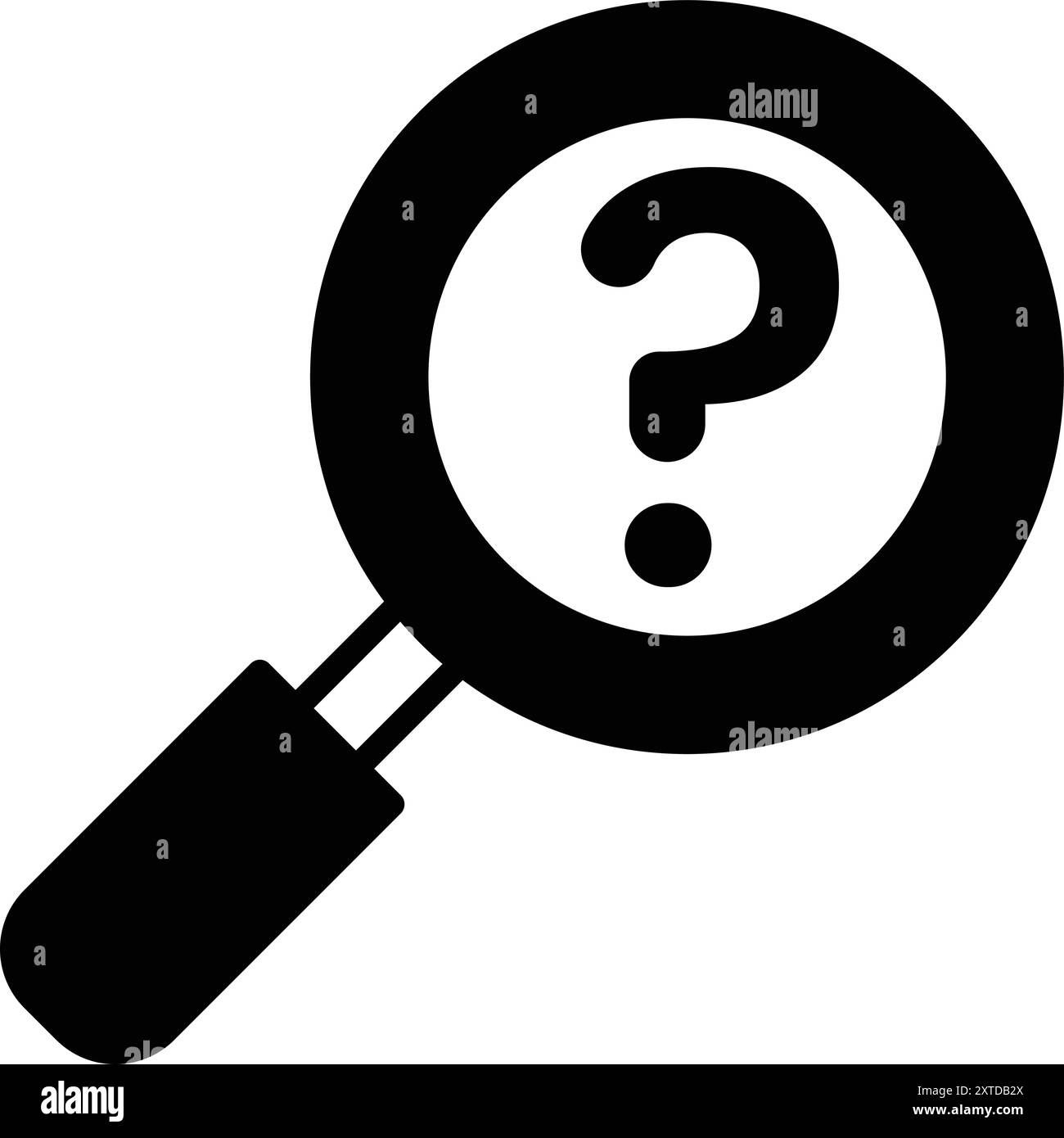 A black and white image of a magnifying glass with a question mark in the center. Concept of curiosity and the desire to explore or investigate someth Stock Vector