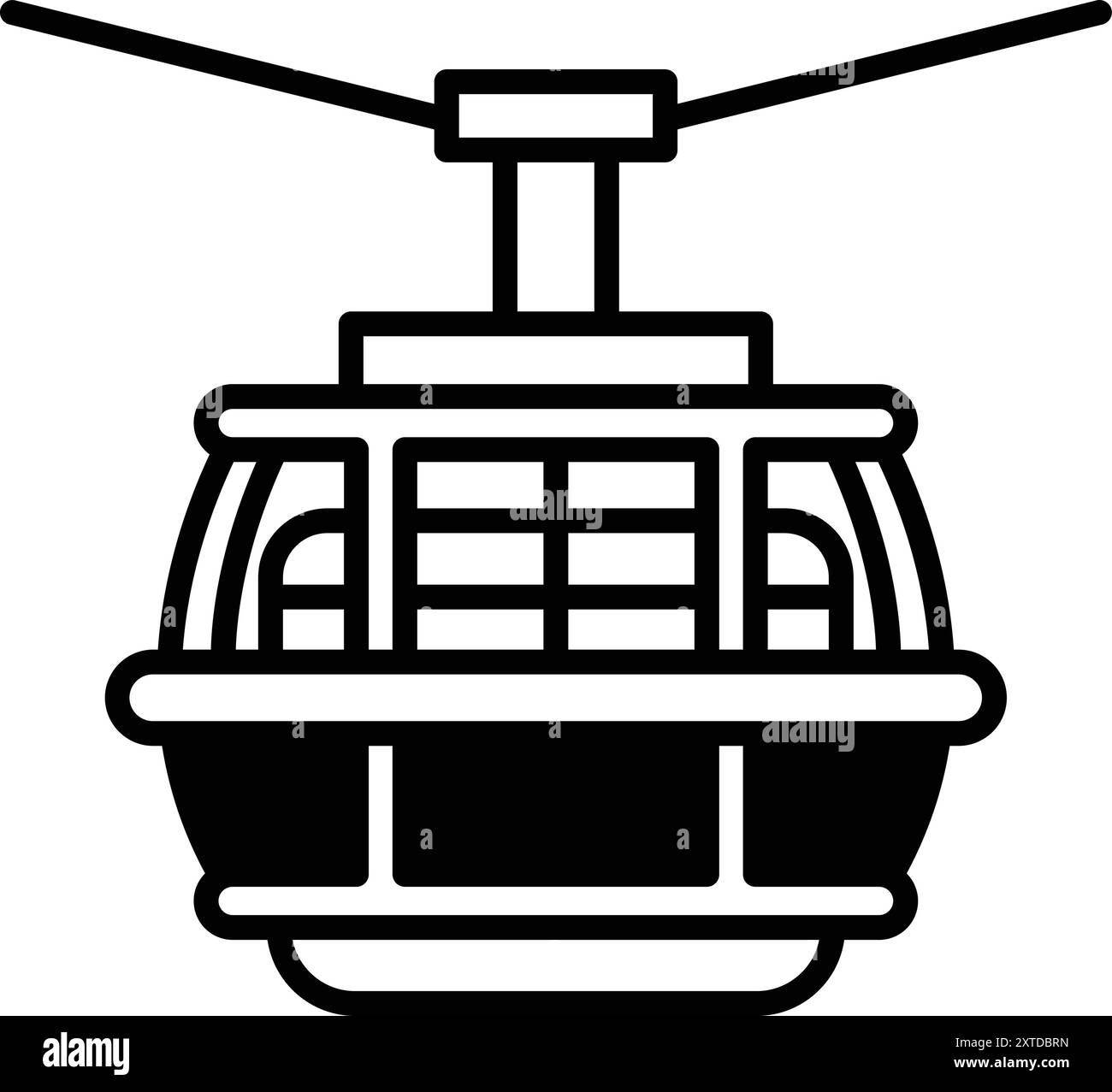 A black and white drawing of a cable car. The cable car is suspended in ...