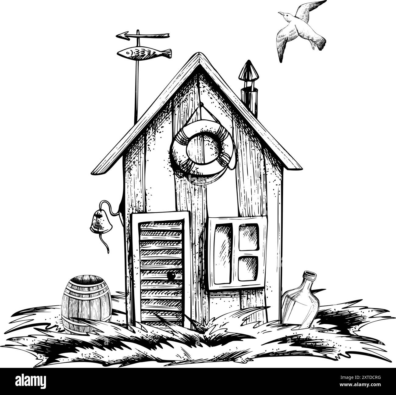 Fishing cabin, house, hut with wooden barrel and bottle of rum on grass, on the shore and flying seagull. Graphic line art hand drawn in black and Stock Vector