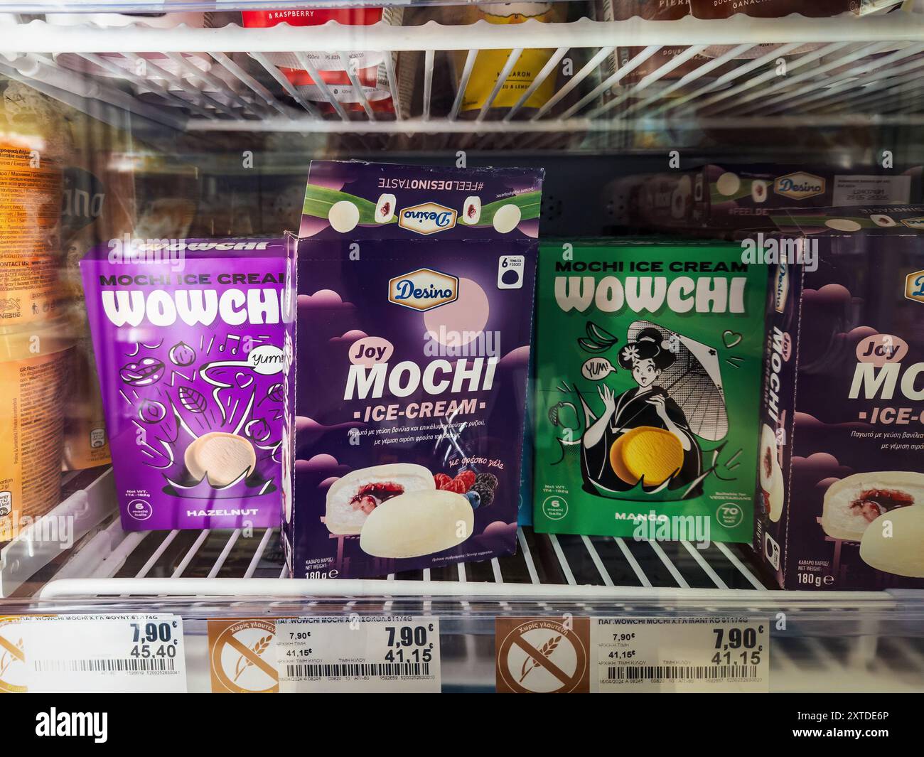 A variety of mochi ice cream boxes in different flavors displayed