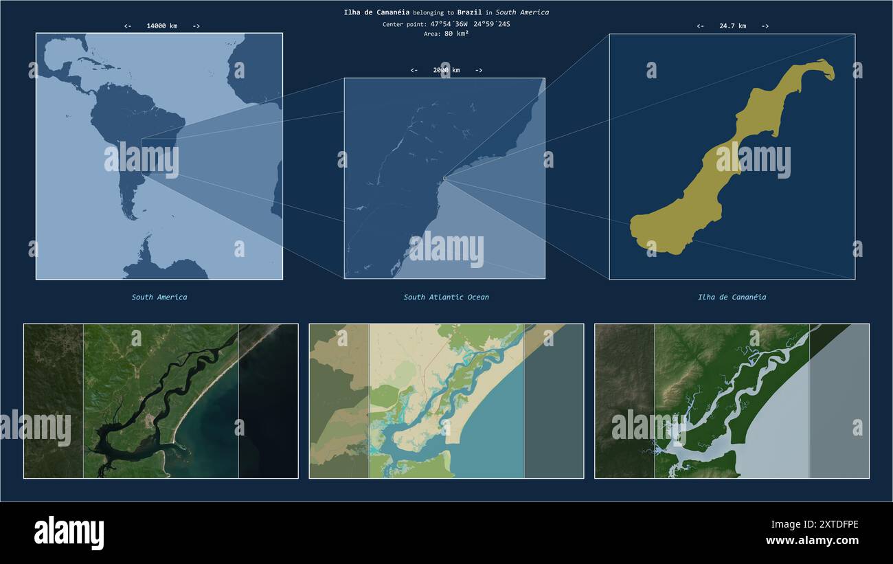 Ilha de Cananeia in the South Atlantic Ocean - belonging to Brazil. Described location diagram with yellow shape of the island and sample maps of its Stock Photo