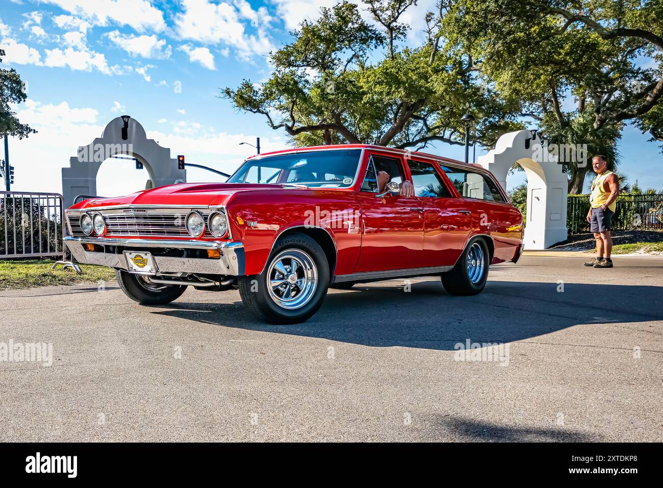 Gulfport, MS - October 02, 2023: Low perspective front corner view of a 1967 Chevrolet Chevelle Malibu Station Wagon at a local car show. Stock Photo