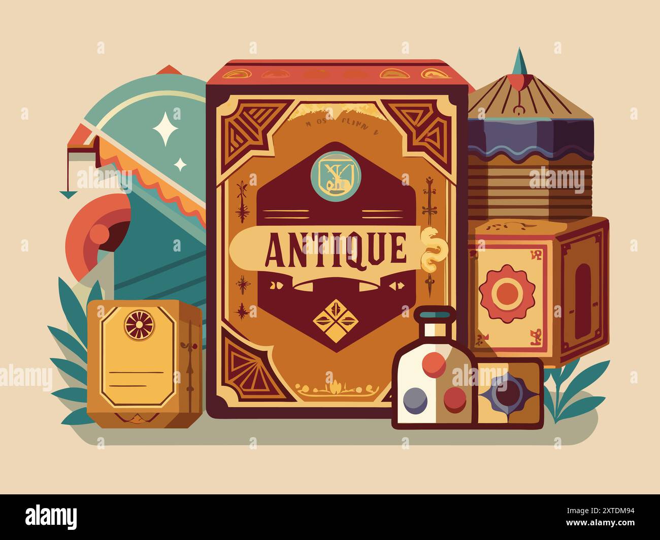 Antique Perfume Box Banners Design with Boxes, Plants, Letter, Vintage Packaging , Jar. Flat isolated elements. Stock Vector