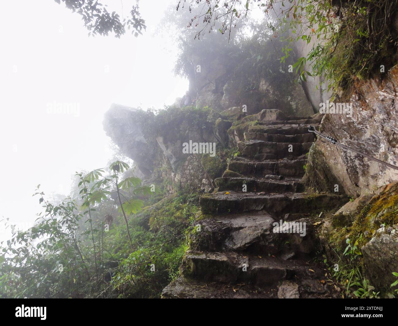Ancient inca stone stairway is leading up a mountainside surrounded by ...
