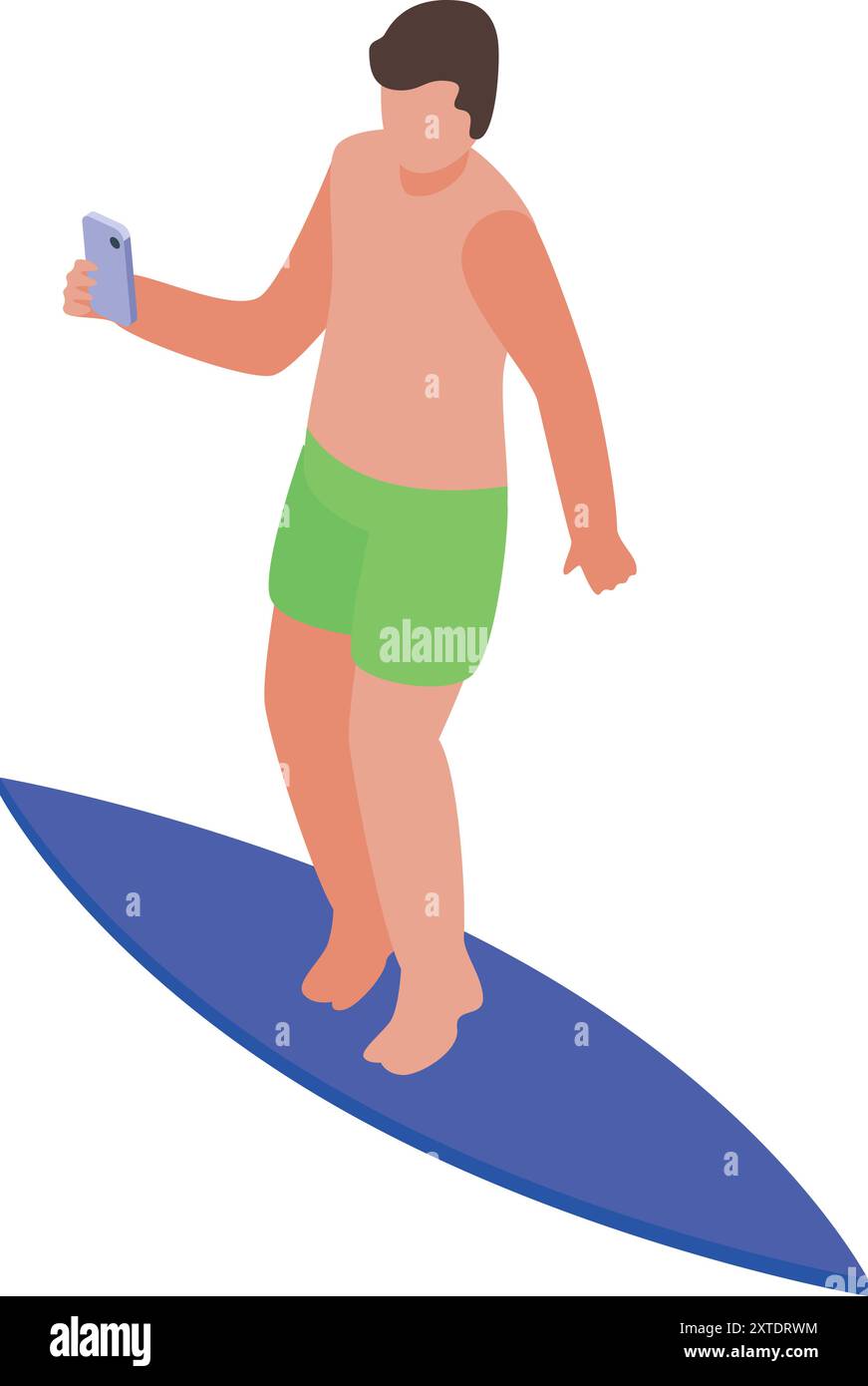 Young surfer is taking a selfie while balancing on his surfboard Stock Vector