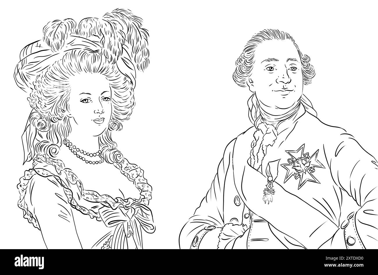 Portraits of Louis XVI and Marie Antoinette of Austria, Louis 16 and Marie-Antoinette of Austria, king and queen of France in the french revolution Stock Photo