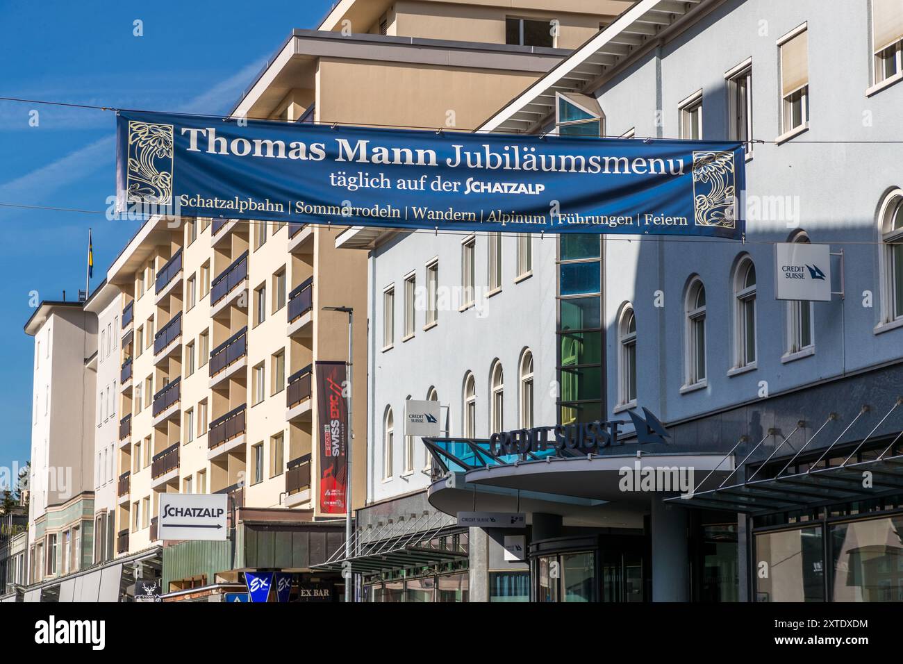 To mark the anniversary of the Zauberberg (Magic Mountain), the Schatzalphotel is offering a daily anniversary menu from the time of Thomas Mann. Schulstrasse, Davos, Grisons, Grisons, Switzerland Stock Photo