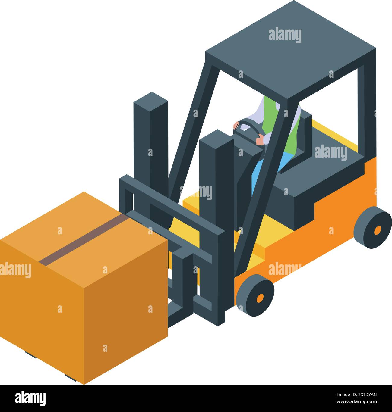 Warehouse worker is driving a forklift carrying a large parcel Stock Vector