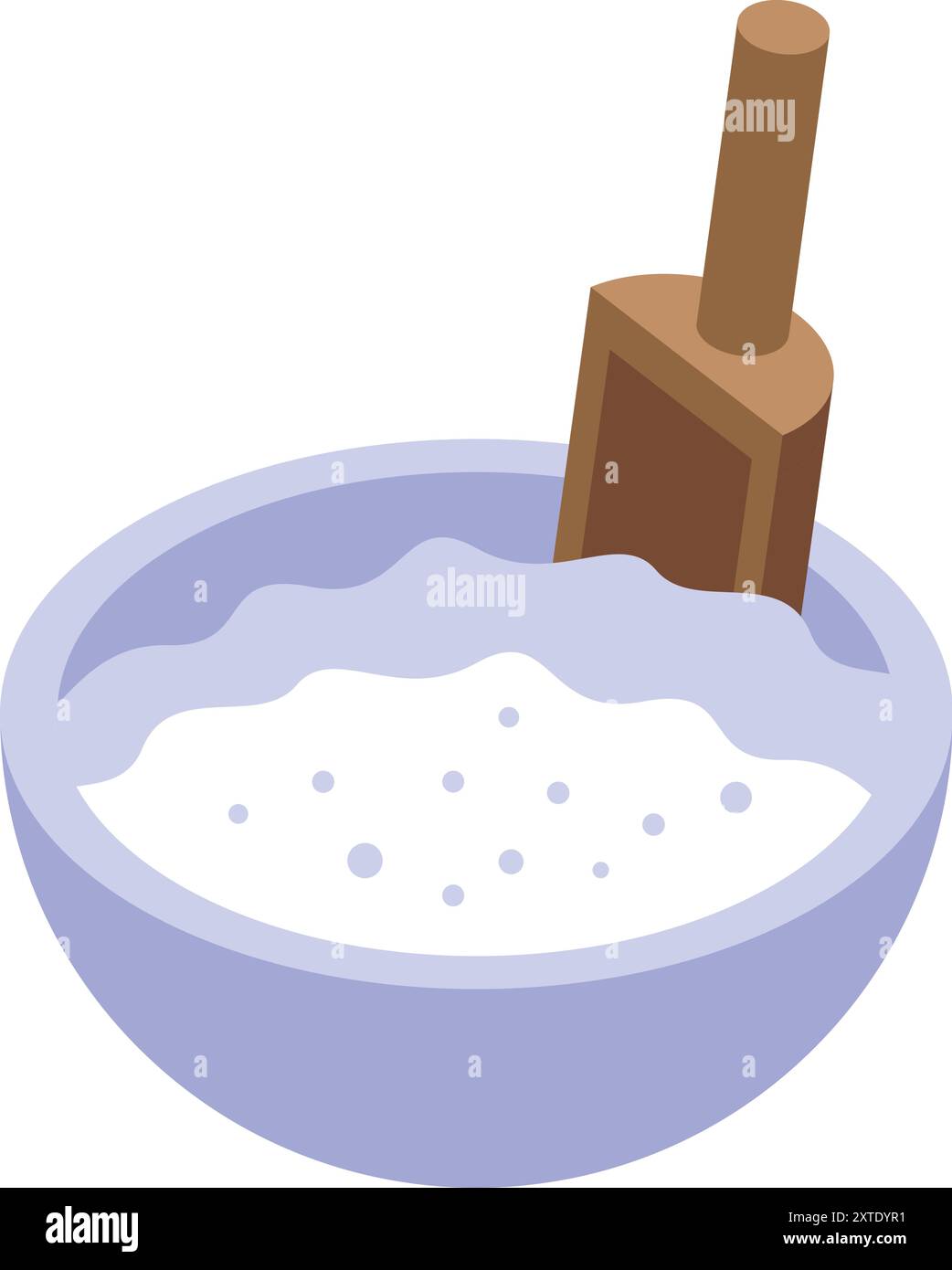 Wooden spoon is scooping white powder from a blue bowl Stock Vector