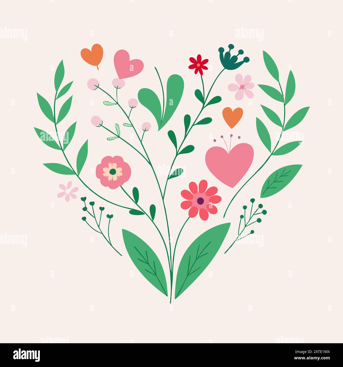 Floral frame in heart shape. Floral heart with hand drawn decorative flowers and plants. Vector illustration Stock Vector