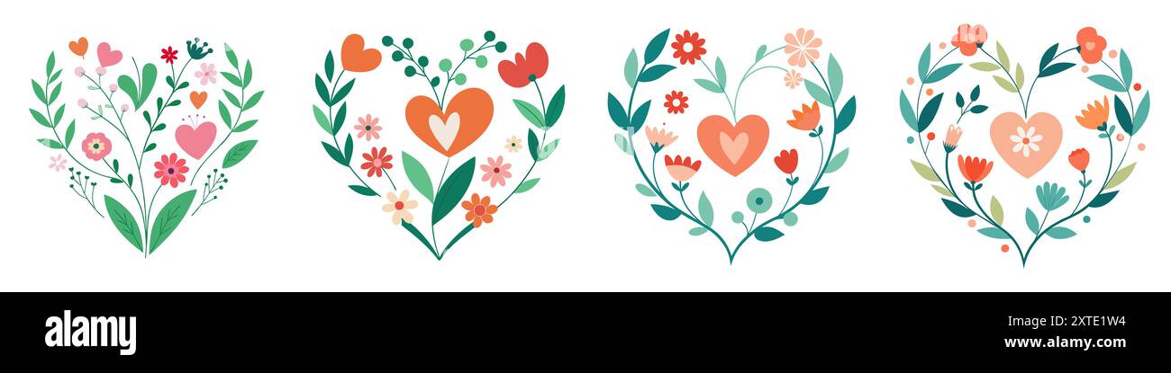 Floral frames in heart shapes. Floral hearts set with hand drawn ...