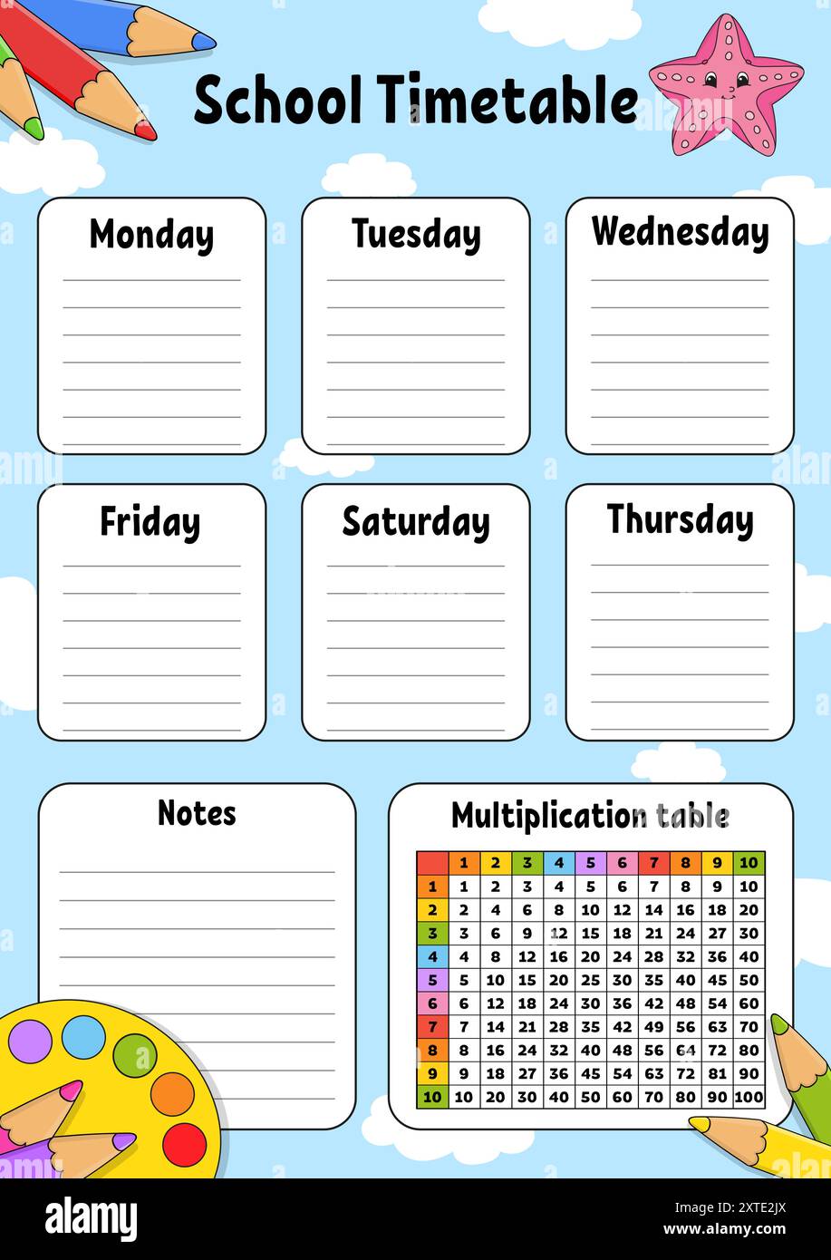 School timetable with multiplication table. For the education of ...