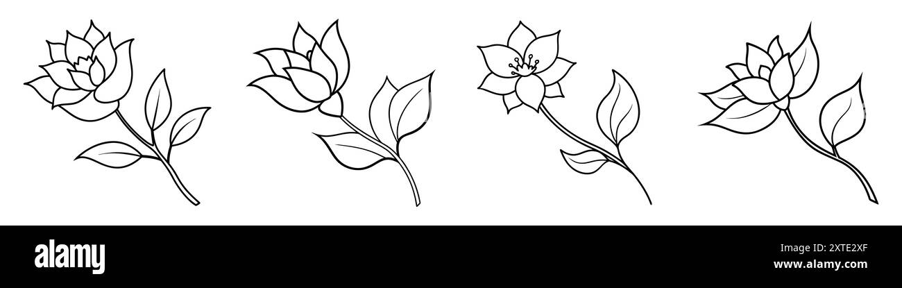Flower icon. Set of drawn flowers with leaves. Linear flowers. Vector ...