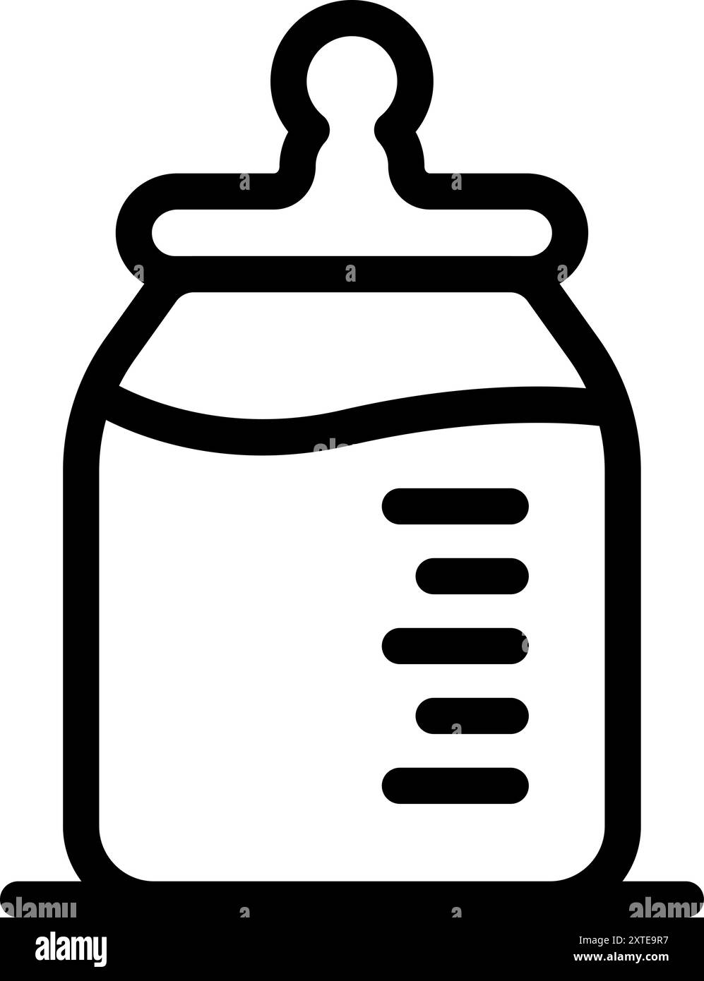 Simple black and white icon of a classic baby bottle filled with milk ...
