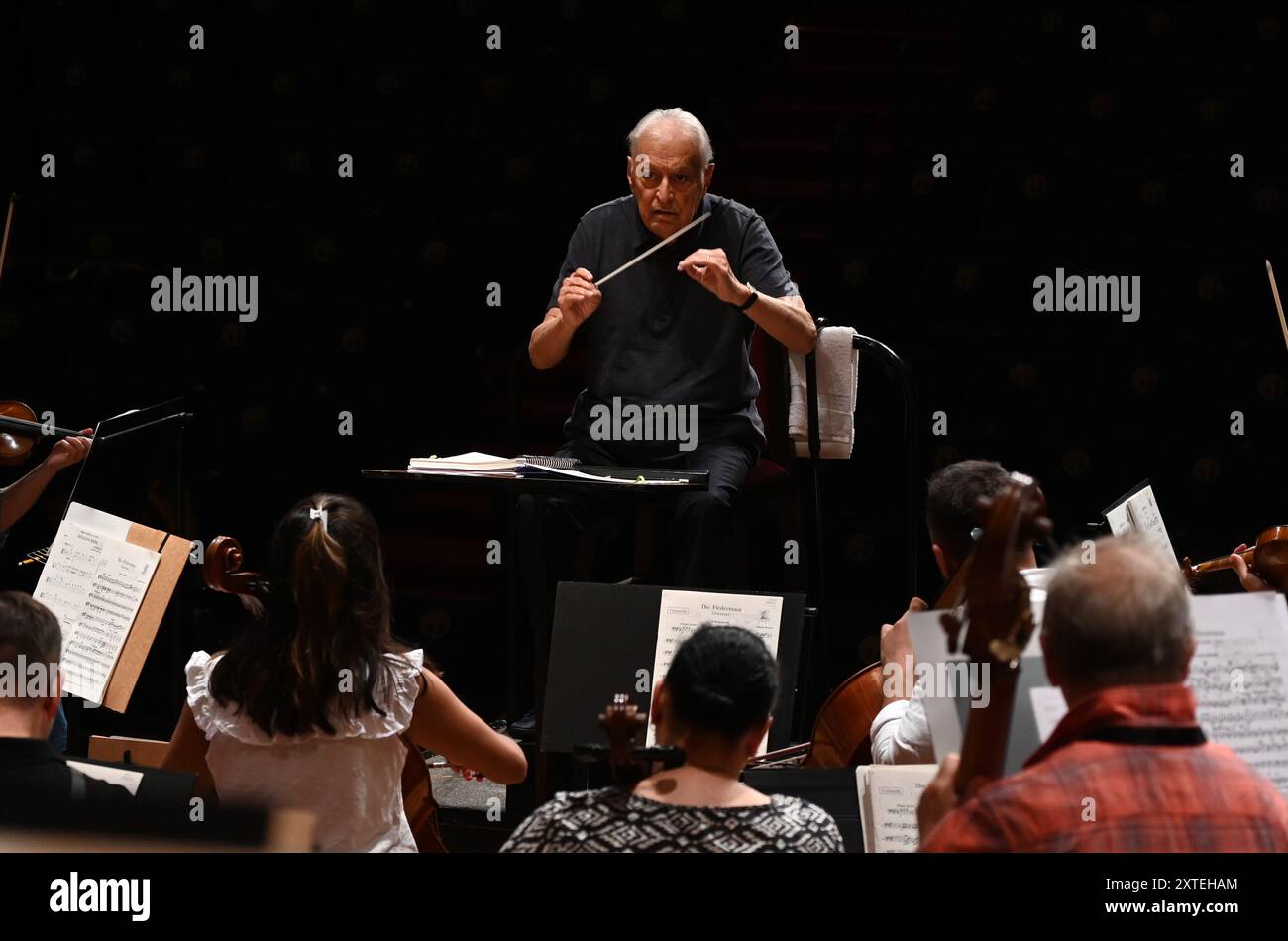 Mumbai, India. 14th Aug, 2024. MUMBAI, INDIA - AUGUST 14: Indian conductor of Western classical music and music director of the Israel Philharmonic Orchestra (IPO) Zubin Mehta during the Symphony Orchestra rehearsal at the National Centre for the Performing Arts (NCPA) on August 14, 2024 in Mumbai, India. (Photo by Raju Shinde/Hindustan Times/Sipa USA) Credit: Sipa USA/Alamy Live News Stock Photo