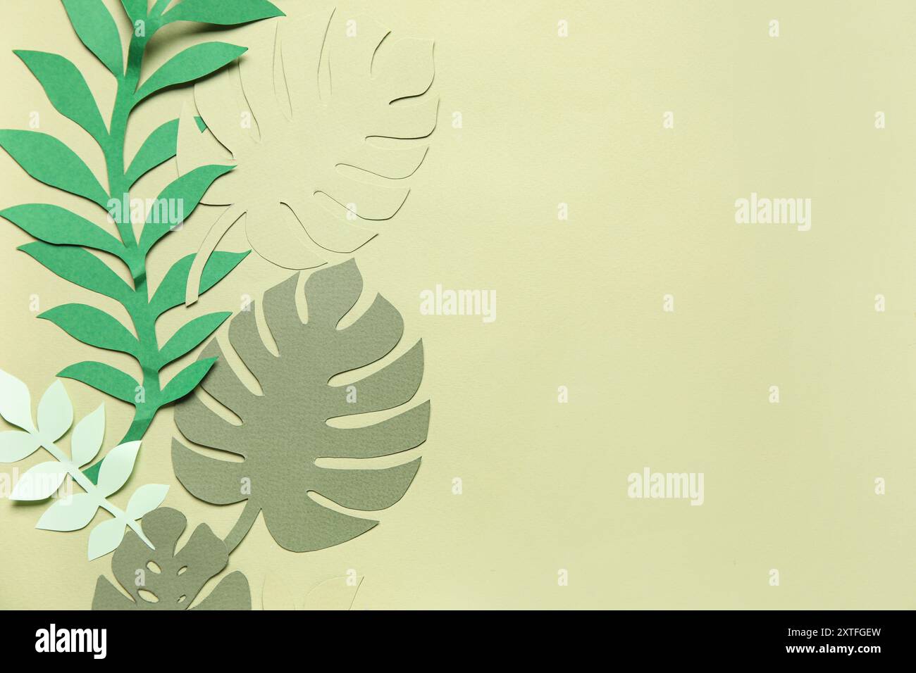 Frame made of different tropical leaves on pale green background Stock ...