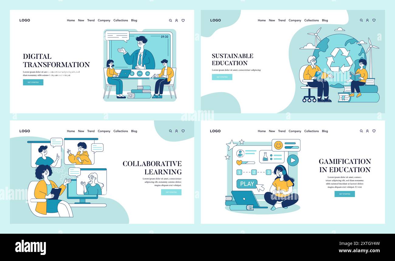 Education trends set. Digital transformation in learning, sustainable education practices, collaborative online study, and gamification methods. Vector illustration. Stock Vector