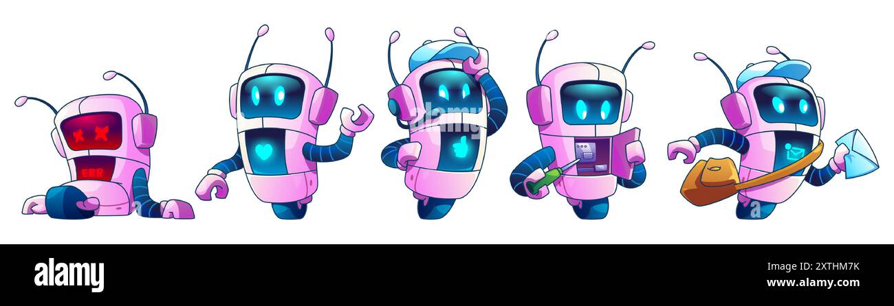 Cute ai robot with hands on wheel in different poses. Cartoon vector ...