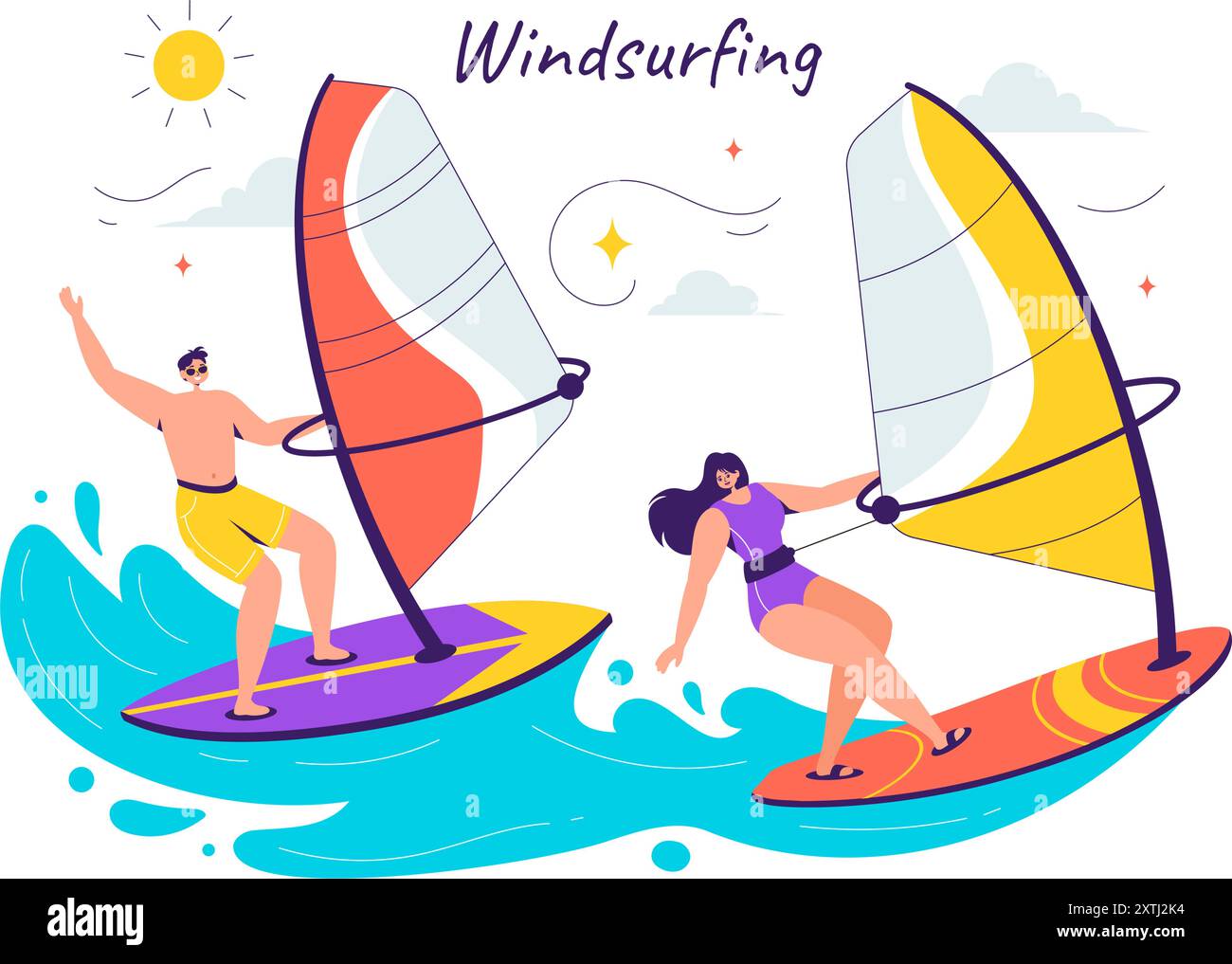 Vector Illustration of Windsurfing with a Person Standing on a Sailing  Boat, Holding the Sail, in an Extreme Water Sport in Flat Cartoon  Background Stock Vector Image \u0026 Art - Alamy, image size:1300x1017