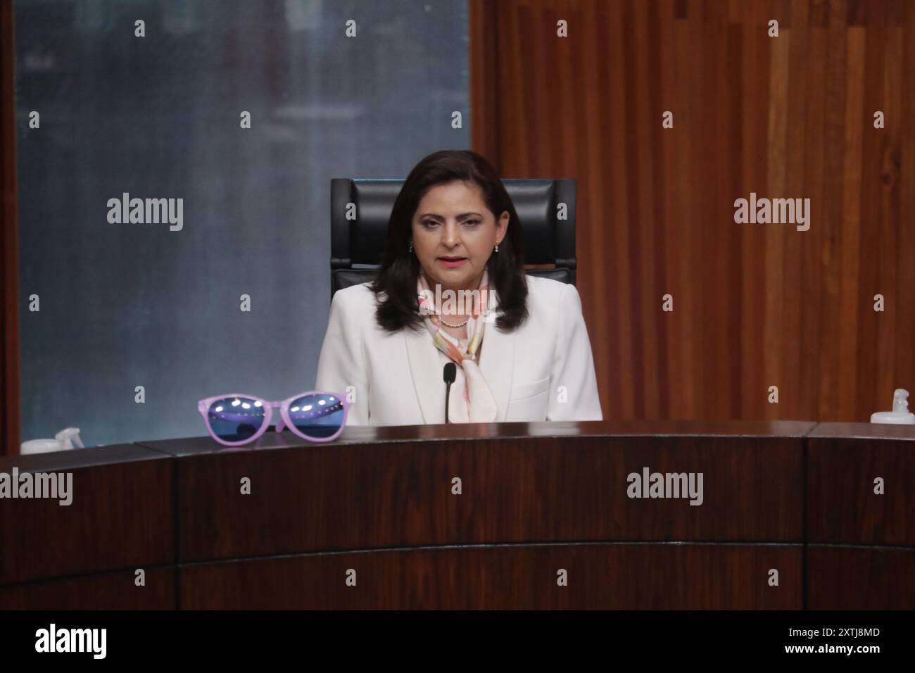 Mexico City, Mexico. 14th Aug, 2024. Presiding Judge Mónica Aralí Soto Fregoso speaks during the public session of the Electoral Tribunal of the Judicial Branch of the Federation (TEPJF) in the meeting the validation of the 2024 Mexican presidential election and the final counting of the votes were discussed. on August 14, 2024 in Mexico City, Mexico. (Photo by Ian Robles/ Credit: Eyepix Group/Alamy Live News Stock Photo