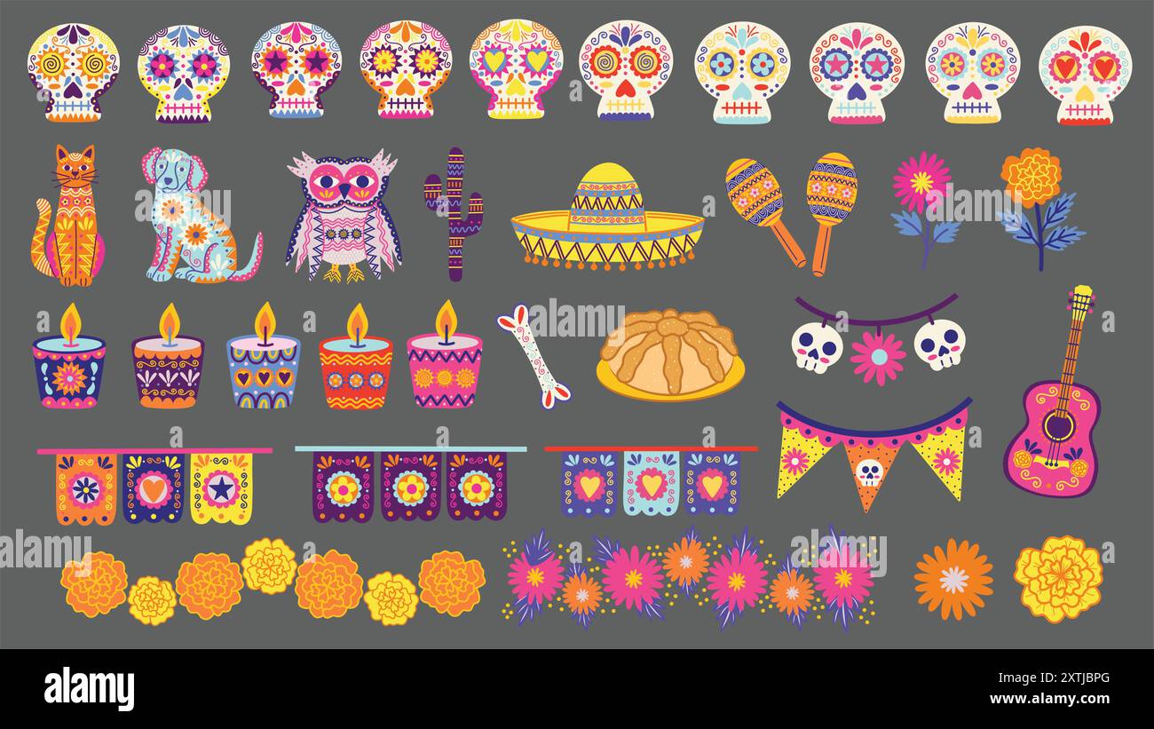 Day of the Dead elements set. Dia De Los Muertos. Mexican culture and tradition. Sugar skulls, calavera, ofrenda candles, and other festive elements. Stock Vector