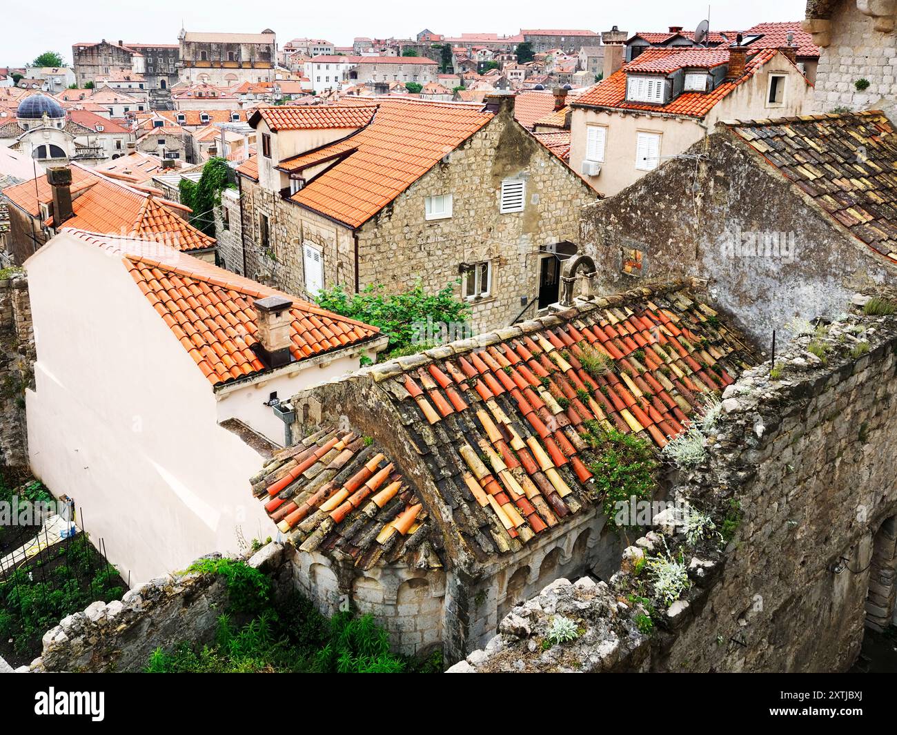 Dubrovnik rooftops from the City Walls on a rainy summer morning ...