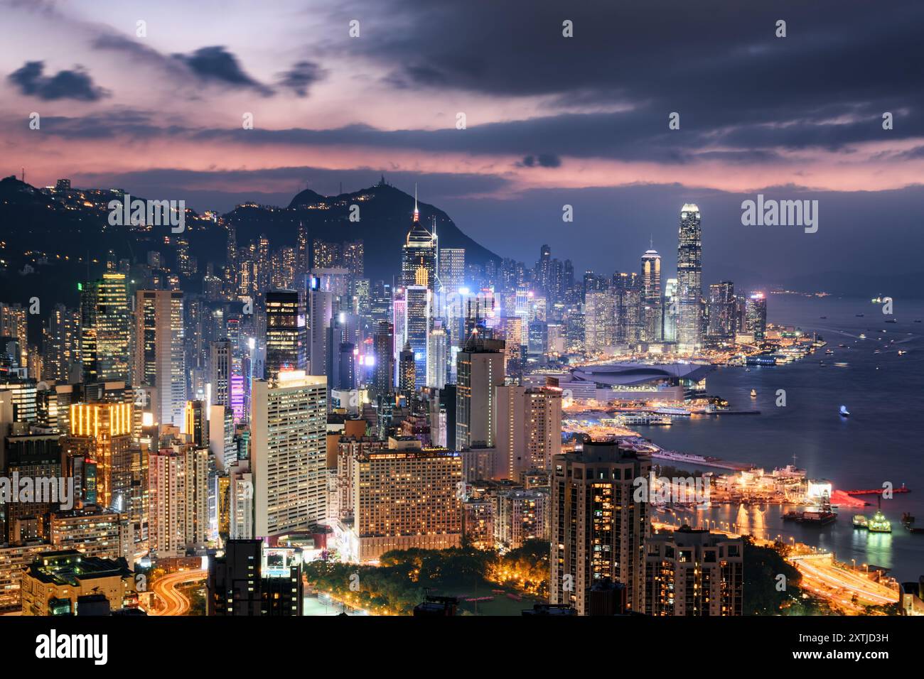 Unusual aerial view of skyscrapers in Hong Kong at sunset Stock Photo ...
