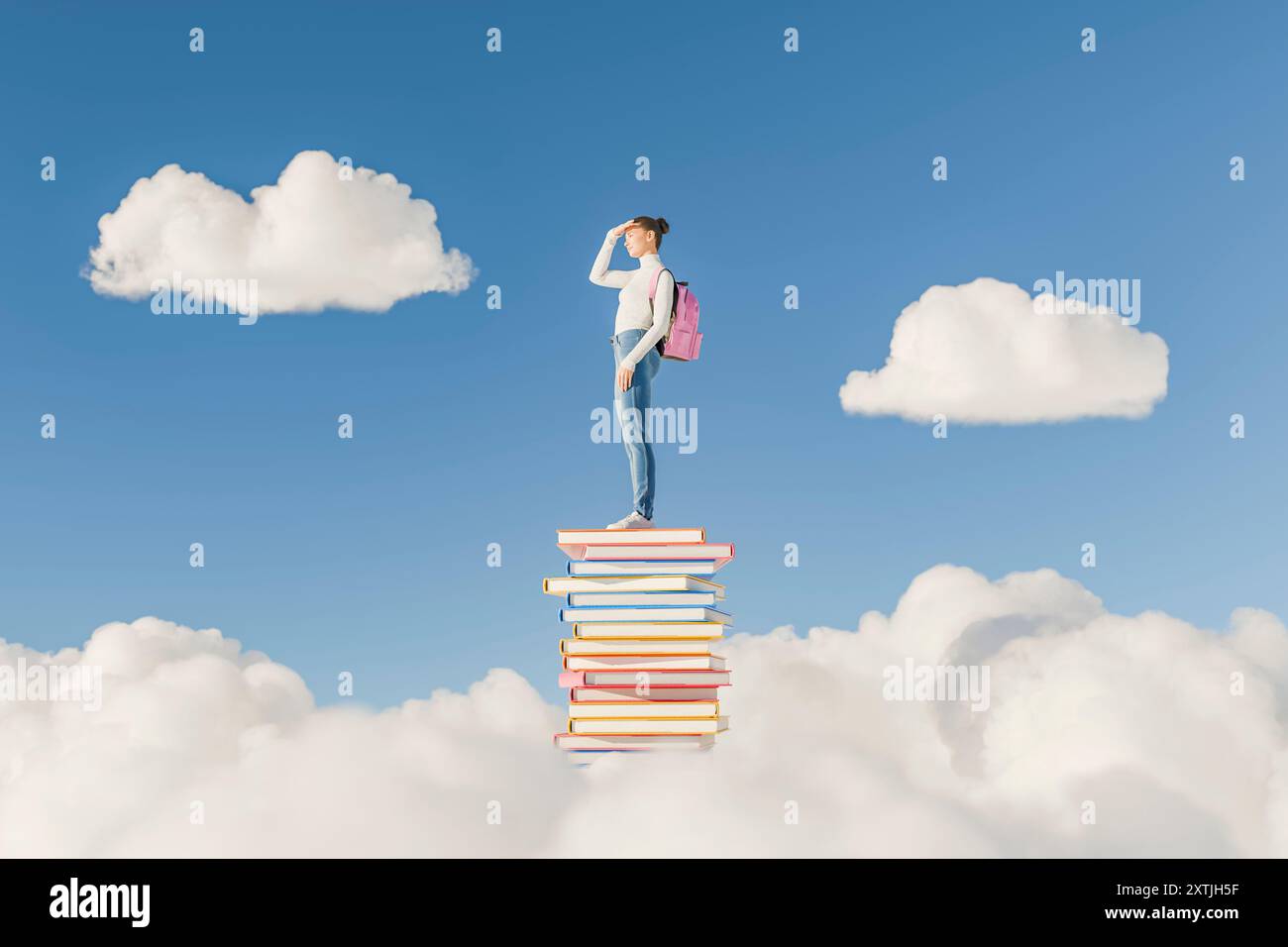 She Stack A woman with a pink backpack stands on a tall stack of books surrounded ...