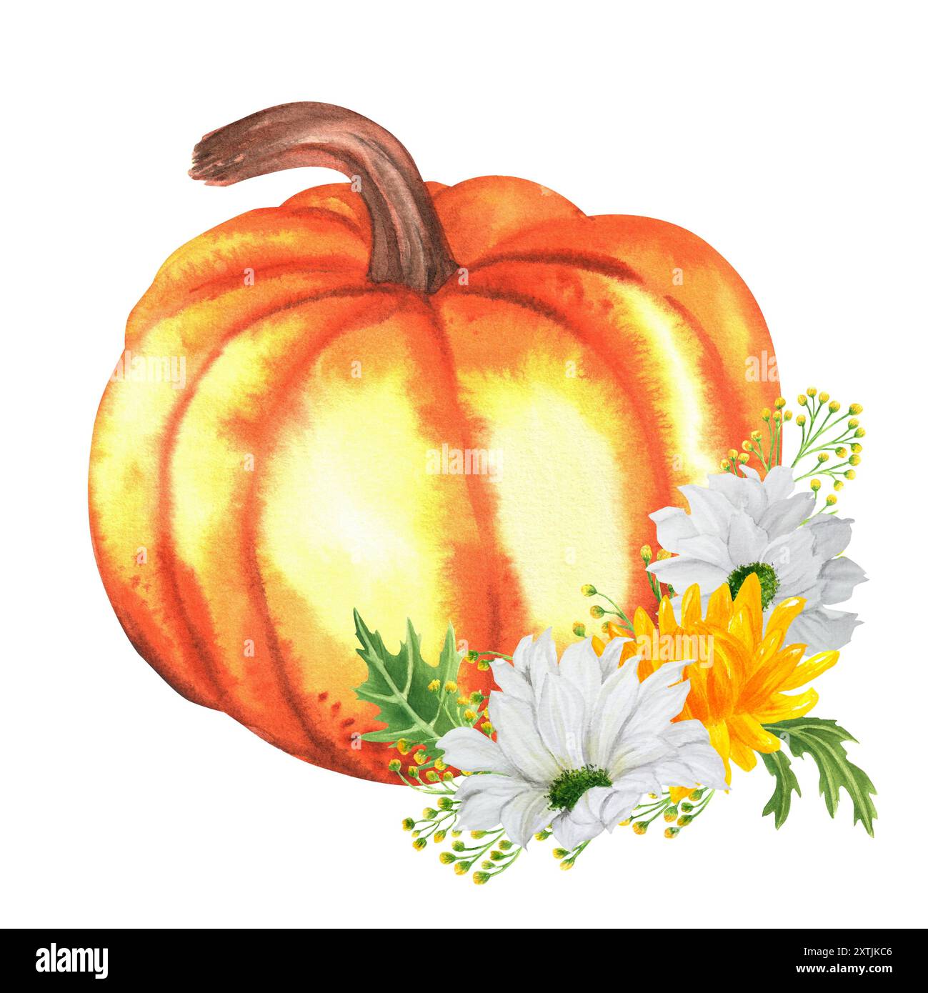 A large orange pumpkin with white and yellow flowers and green leaves ...