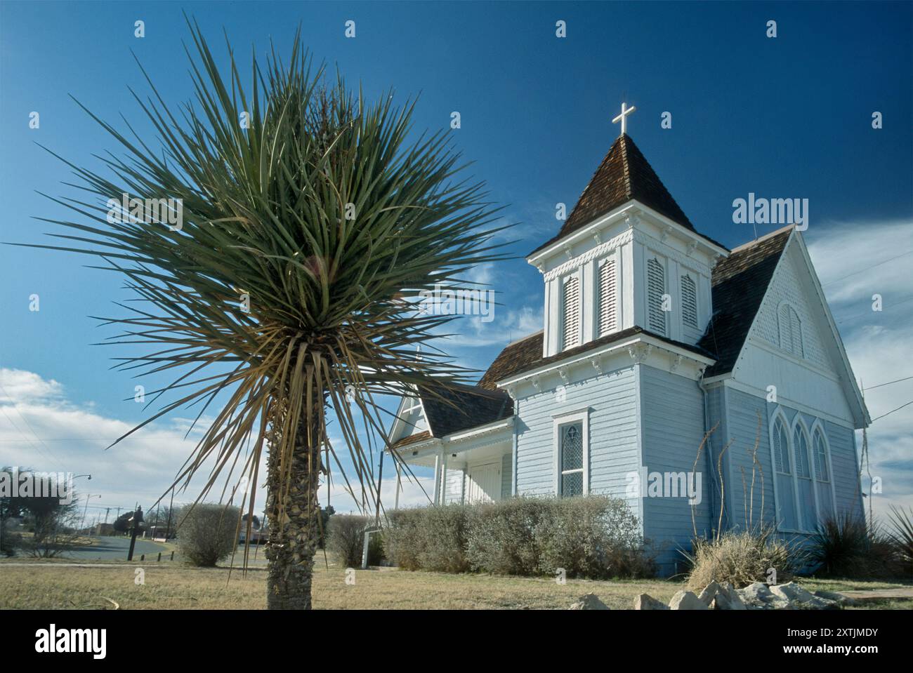 St. Stephen's Episcopal Church, late Victorian period, yucca, near Fort Stockton Historic Site, originally built in town of Pecos in 1896, moved in 19 Stock Photo