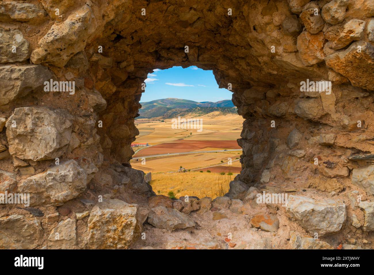 Landscape from a hole in the city wall. Atienza, Guadalajara province, Castilla La Mancha, Spain. Stock Photo