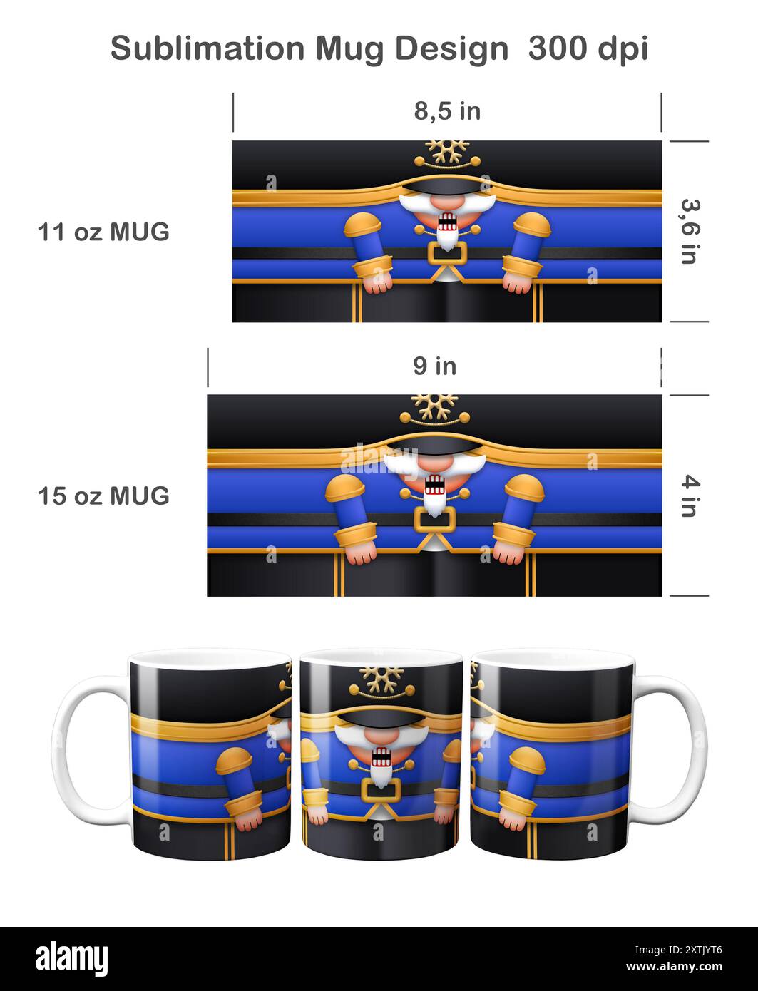 Funny Christmas Nutcracker. Sublimation design for 11 oz and 15 oz mug. Stock Photo