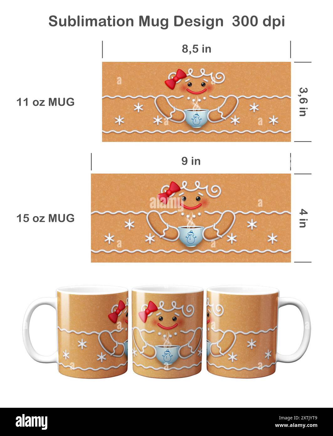 Funny Christmas Gingerbread. Sublimation design for 11 oz and 15 oz mug. Stock Photo