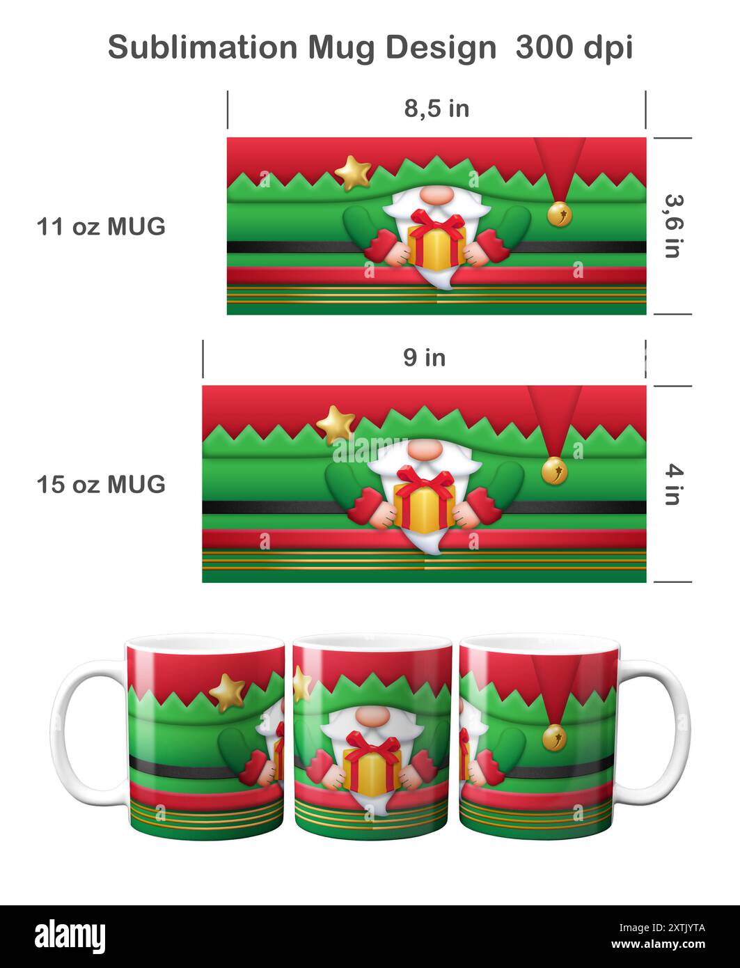 Funny Christmas Elf. Sublimation design for 11 oz and 15 oz mug. Stock Photo