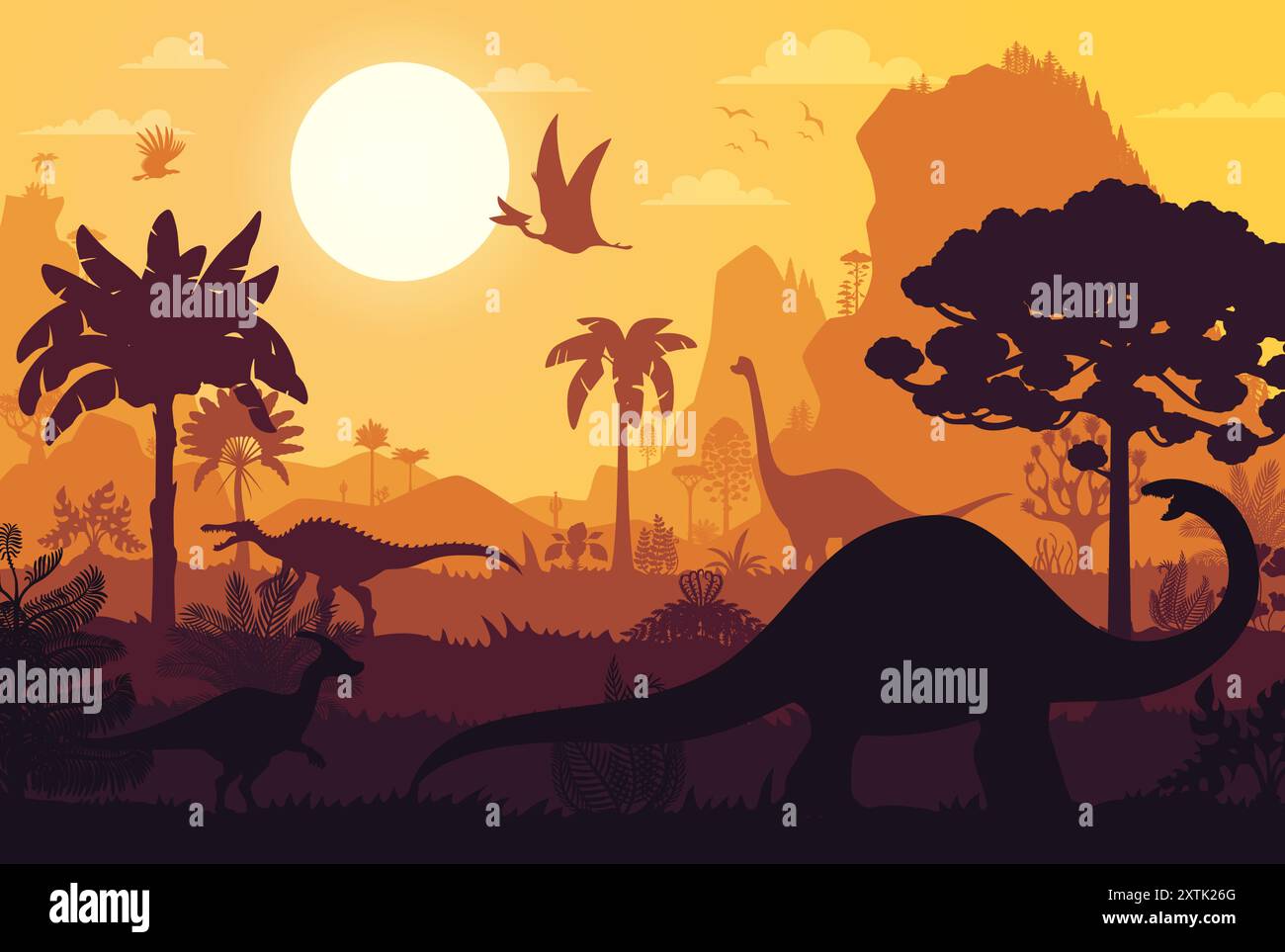 Prehistoric era dinosaurs silhouettes of Jurassic jungle forest with sunset, vector landscape background. Cartoon prehistoric dinosaurs, lizards and birds silhouettes in Jurassic era park with sun Stock Vector