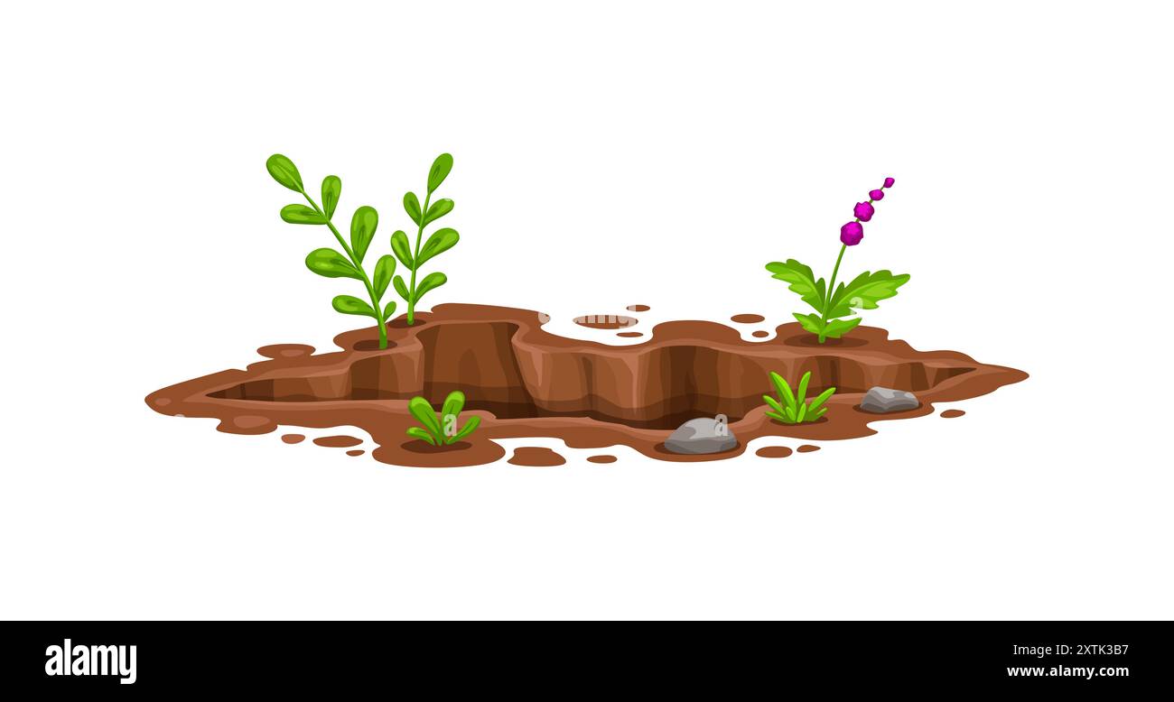 Hole pit in ground, deep dirty burrow in soil earth with stones and plants, cartoon vector. Dig pit hole hollow or underground burrow of groundhog and mole rodent animal in garden or forest ground Stock Vector