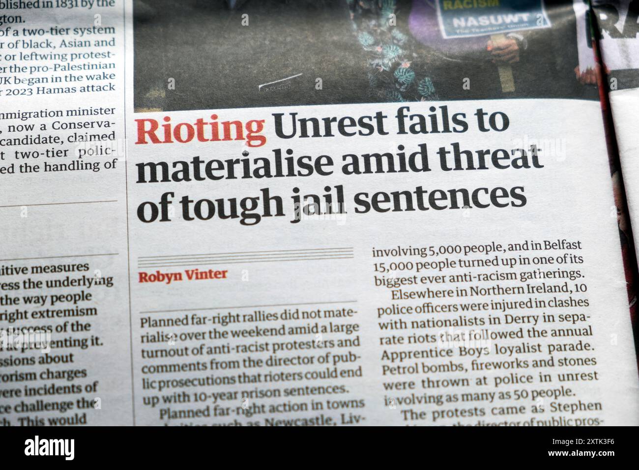 'Rioting Unrest fails to materialise amid threat of tough jail sentences' Guardian newspaper headline riots article 12 August 2024 UK Britain Stock Photo