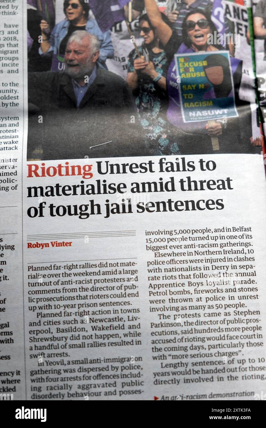 'Rioting Unrest fails to materialise amid threat of tough jail sentences' Guardian newspaper headline riots article 12 August 2024 UK Britain Stock Photo