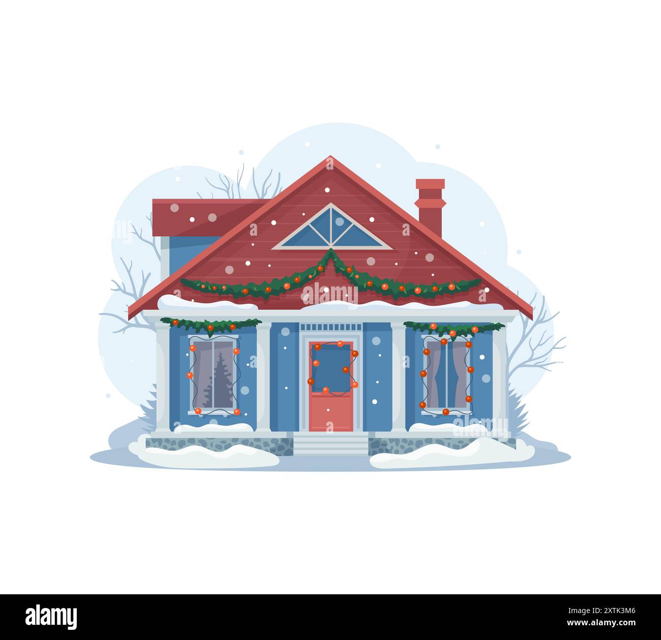 Christmas winter house facade exterior. Isolated vector cottage ...